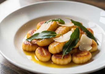 Golden gnocchi with sage and parmesan cheese on white plate