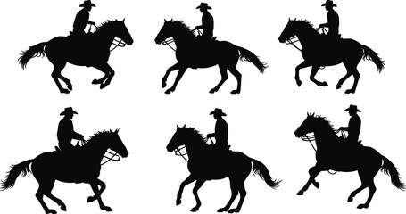 Cowboy silhouettes riding horses in dynamic poses, western culture equestrian action illustration, vintage style headwear and lifestyle vector design pack