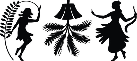 Dance silhouette vector, tropical decor, artistic icons, female figures, leaf branch, lamp design, ribbon pose, black illustration, creative collection
