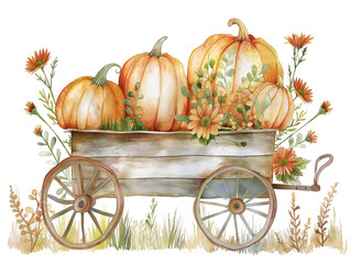 Watercolor wooden cart with pumpkin autumn illustration on white