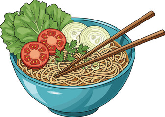 Delicious Asian noodle soup in blue bowl with fresh vegetables, herbs, chopsticks, culinary presentation, traditional cuisine, healthy food concept