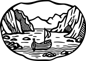 Fototapeta premium viking longship on rocky fjord with mountains and calm water in retro monochrome illustration
