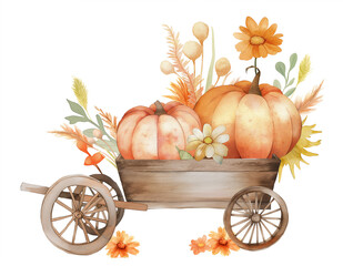 Watercolor illustration of wooden cart autumn on white