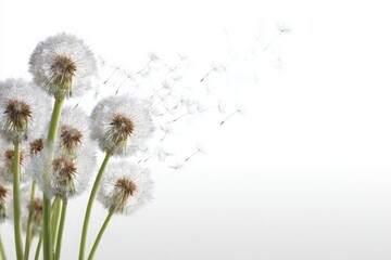 Fototapeta premium Dandelion seeds gently blowing in the wind against a soft white background, symbolizing nature's beauty