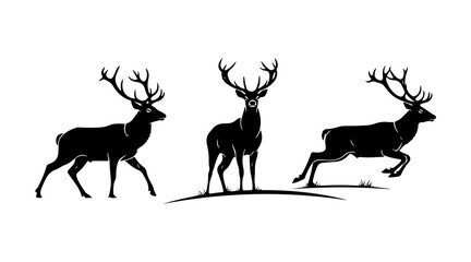 Set of three deer stag silhouettes, depicting various poses like walking, standing, and running