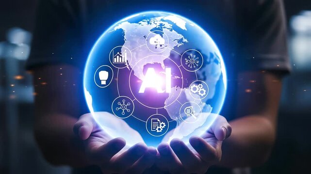 Hands holding a glowing digital globe with ai icons and data visualization - Powered by Adobe