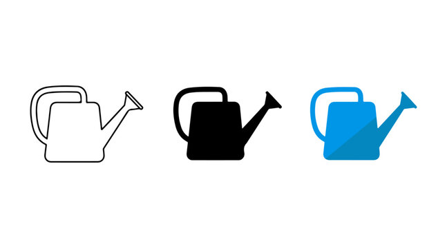 Watering can icons set. garden tool outline, solid black silhouette, and vibrant blue graphic illustration. - Powered by Adobe