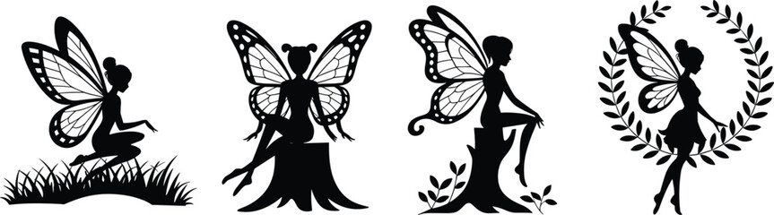 Fairy, silhouette, wings, fantasy, magical, nature, whimsical, black, white, illustration, grass, tree stump, pose, enchanted, mystical, flying, sitting, standing, wreath, elegant