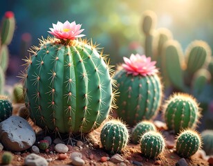 Cacti bloom with vibrant pink flowers amidst a desert garden, bathed in the soft glow of the afternoon sun