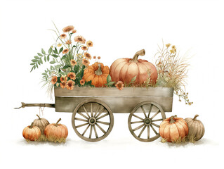 Watercolor wooden autumn cart floral pumpkin illustration on white
