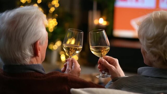 Faceless side-view of elderly friends in mismatched party glasses sitting on a couch, warm lights and décor slightly blurred behind them, with copy space