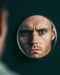 A close-up of a man staring intensely into a circular mirror, highlighting his focused expression and striking blue eyes against a dark background.