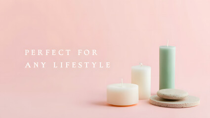 Minimalist aesthetic candles and bath accessories on pink background