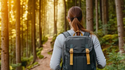 A person walks through a sunlit forest path, carrying a backpack, surrounded by tall trees and vibrant greenery.