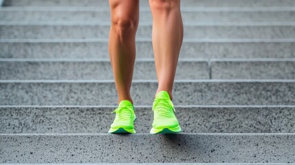 A person wearing bright green running shoes ascends concrete stairs, showcasing fitness and an active lifestyle.
