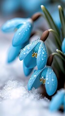Close-up of vibrant blue snowdrop flowers covered in water droplets, emerging from snow, evoking a sense of spring and renewal.
