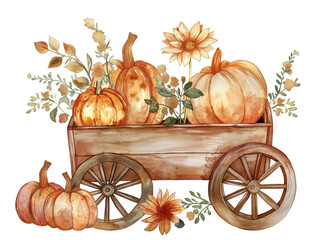 Watercolor wooden autumn cart on white