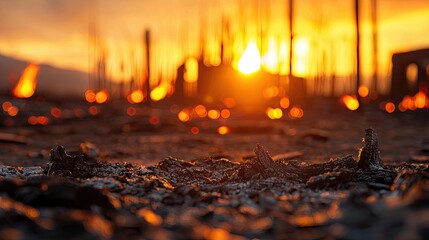 Close-up of burnt ground with a fiery sunset in the background, depicting the aftermath of a fire during golden hour.