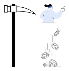 Mining pickaxe, person wearing safety gear, and coins falling in sequence. Ideal for cryptocurrency, mining, technology, blockchain, economy investment innovation. A simple flat metaphor