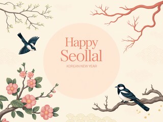 Traditional korean seollal greeting with birds and cherry blossoms celebrating lunar new year