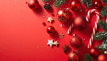 Festive Christmas ornaments and pine branches arranged on a vibrant red background for holiday celebration.