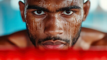 A close-up portrait of a focused man with water droplets on his face, conveying determination and intensity.