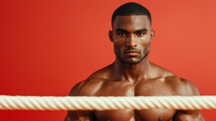 A muscular man stands confidently in front of a striking red background, framed by a rope, showcasing strength and determination.