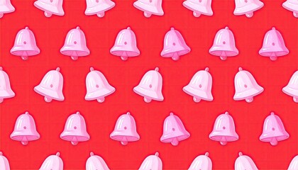Seamless pattern of cute pink cartoon bells on a vibrant red background.