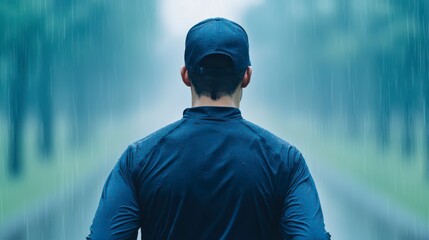 A solitary figure stands in the rain, gazing into the distance, embodying resilience and determination amidst a moody, atmospheric landscape.