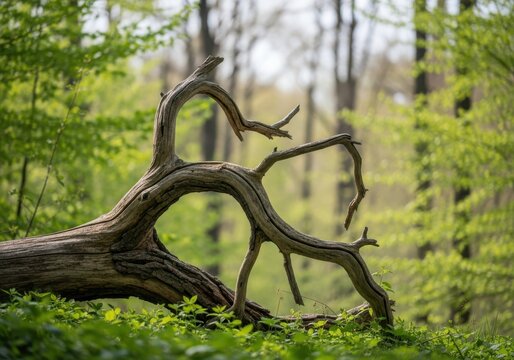 A gnarled and twisted fallen tree trunk lies on the forest floor surrounded by vibrant green foliage and dappled sunlight