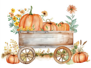Watercolor wooden autumn cart illustration with pumpkin and flowers