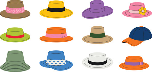 Hat silhouette vector, fashion headwear icons, stylish hat collection, decorative ribbon hats, trendy cap and sunhat illustration set
