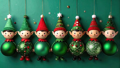 Cute Christmas Elf Ornaments Hanging Festive Green Background.