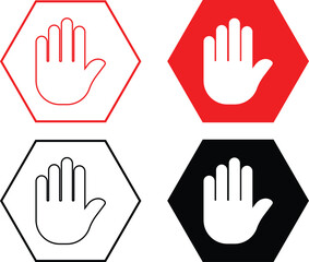 Obraz premium Four hexagon stop signs with hand symbols in red black and outline on a white isolated background