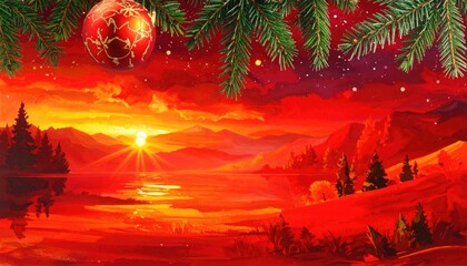 Vibrant Christmas Sunset Over Serene Lake and Mountains with Pine Branches.