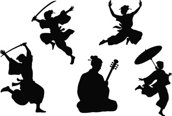 Japanese culture silhouette set, samurai sword action, traditional dance pose, shamisen musician, parasol figure, heritage art, martial arts vector