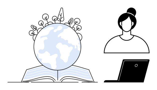 Open book with a globe growing plants, woman facing laptop. Ideal for education, sustainability, e-learning, environmental impact, global understanding, green growth, simple flat metaphor