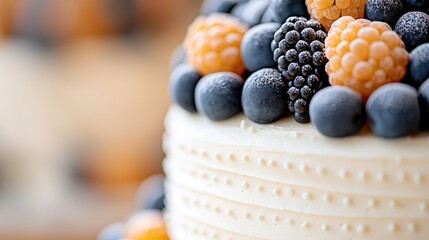 Close-up of a cake decorated with fresh blueberries, blackberries, and raspberries. The cake has white frosting and is in soft focus.