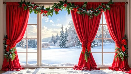 Festive red curtains frame a serene winter wonderland landscape view through a window.