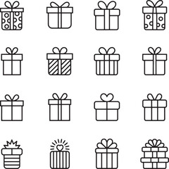 Set of sixteen different outline gift box icons