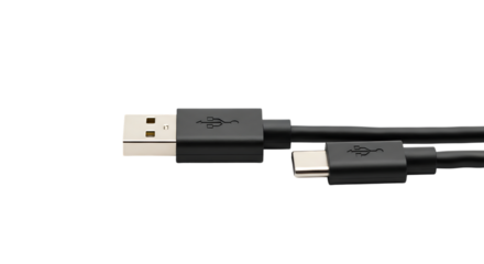 Black usb type c cable close up isolated on transparent background