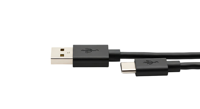 Black usb type c cable close up isolated on transparent background