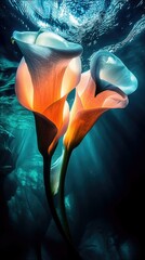 Two calla lilies glow with warm light underwater, creating a dramatic and artistic scene.