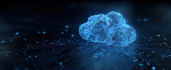 The Cloud of Glowing Data Floating Above a Futuristic Circuit Board Network