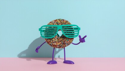 Sprinkled donut character rocks retro shutter shades on blue and pink background, perfect for playful food ads, celebrating sweets, and vibrant treat designs