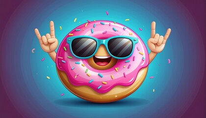 Cool donut character with sunglasses and rock on hand gesture, perfect for fun branding, vibrant posters, and playful social media marketing