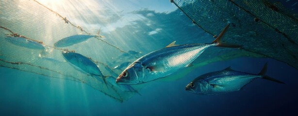 The Fish Swimming Beside a Fishing Net in Sunlit Tropical Blue Ocean Waters