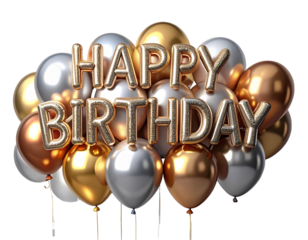 Metallic Balloon Garland with Floating 3D Glitter Birthday Text, Depth-Rich Perspective, Transparent PNG.