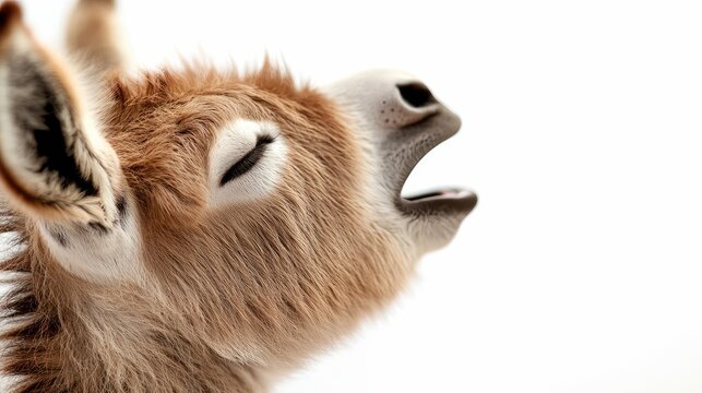 Close-up of a donkey braying with its mouth open, isolated on a white background. The donkey has closed eyes and a light brown coat.