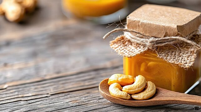 Close-up of a wooden spoon with cashews, a jar of honey, and a wooden table. Healthy food concept.